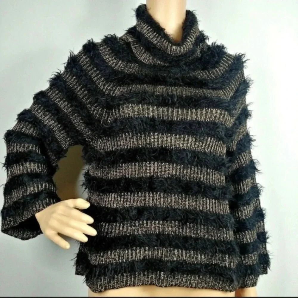 Alice & Olivia Turtleneck Black/Gold Fuzzy Sweater M - Picture 5 of 8